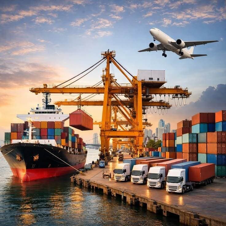 Container yard with stacked shipping containers